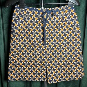 Talbots 6 Stretch Navy and Mustard Geometric Pencil Skirt Ribbon Belt Petites